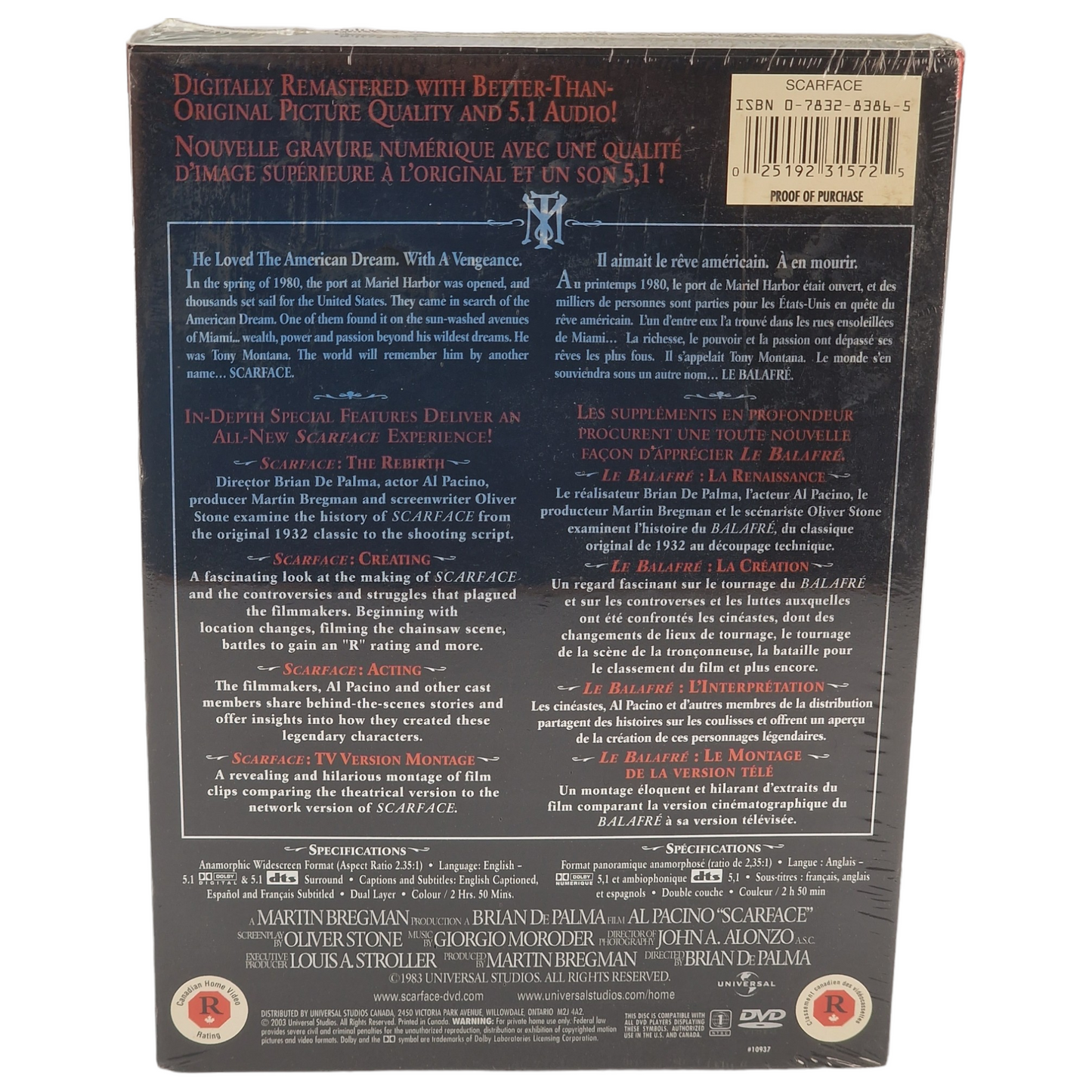 Scarface DVD DigiPack Édition anniversaire Écran large Canada Import Zone  1