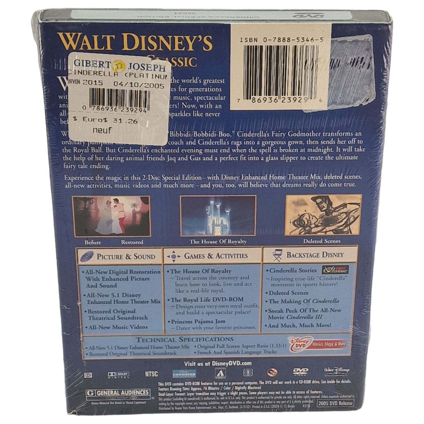 Cendrillon DVD Édition platine VF DIsney US Import Région 1 2005 Neuf