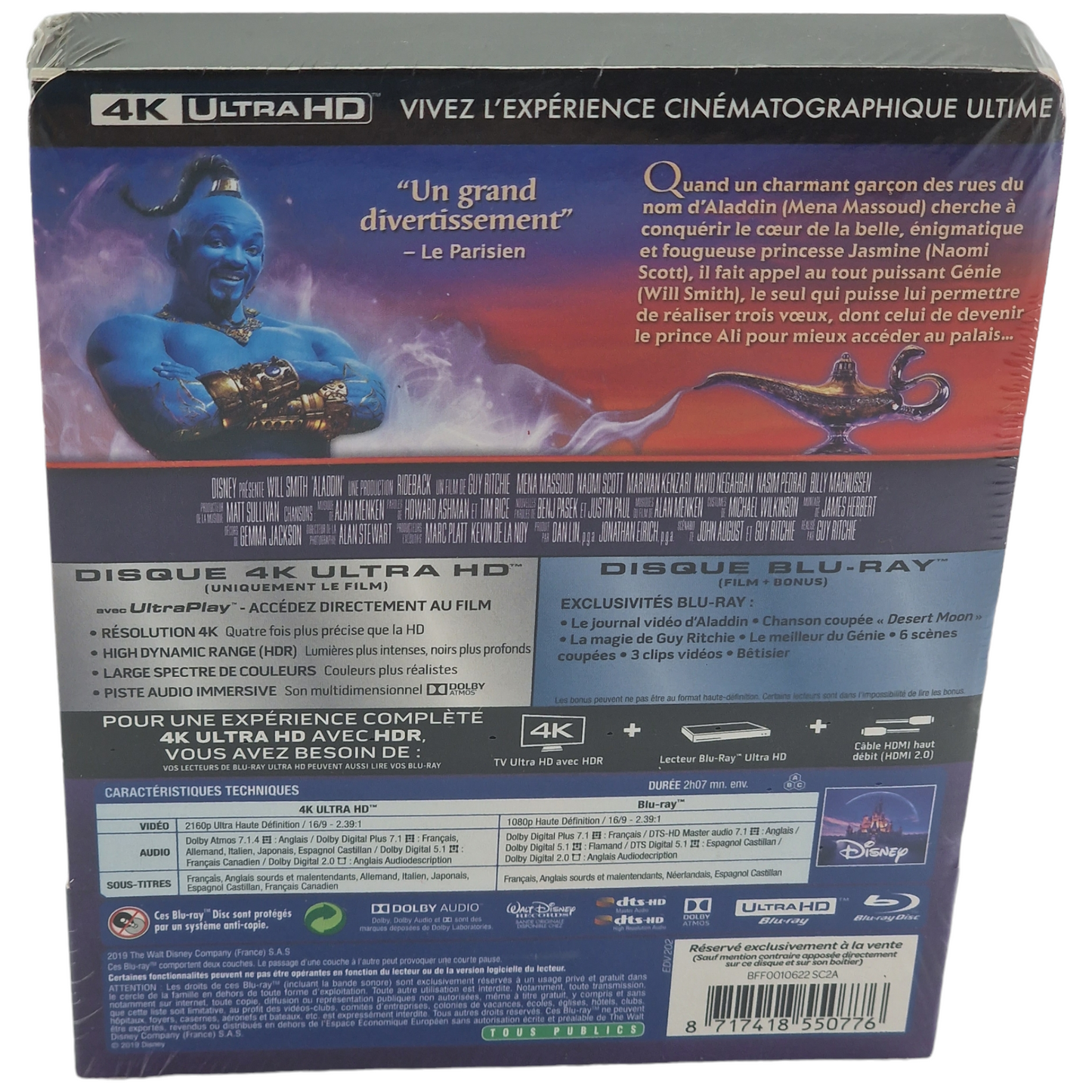 Aladdin 4K Ultra HD Blu-ray + Blu-ray SteelBook Débossé Fnac Disney Zone Libre