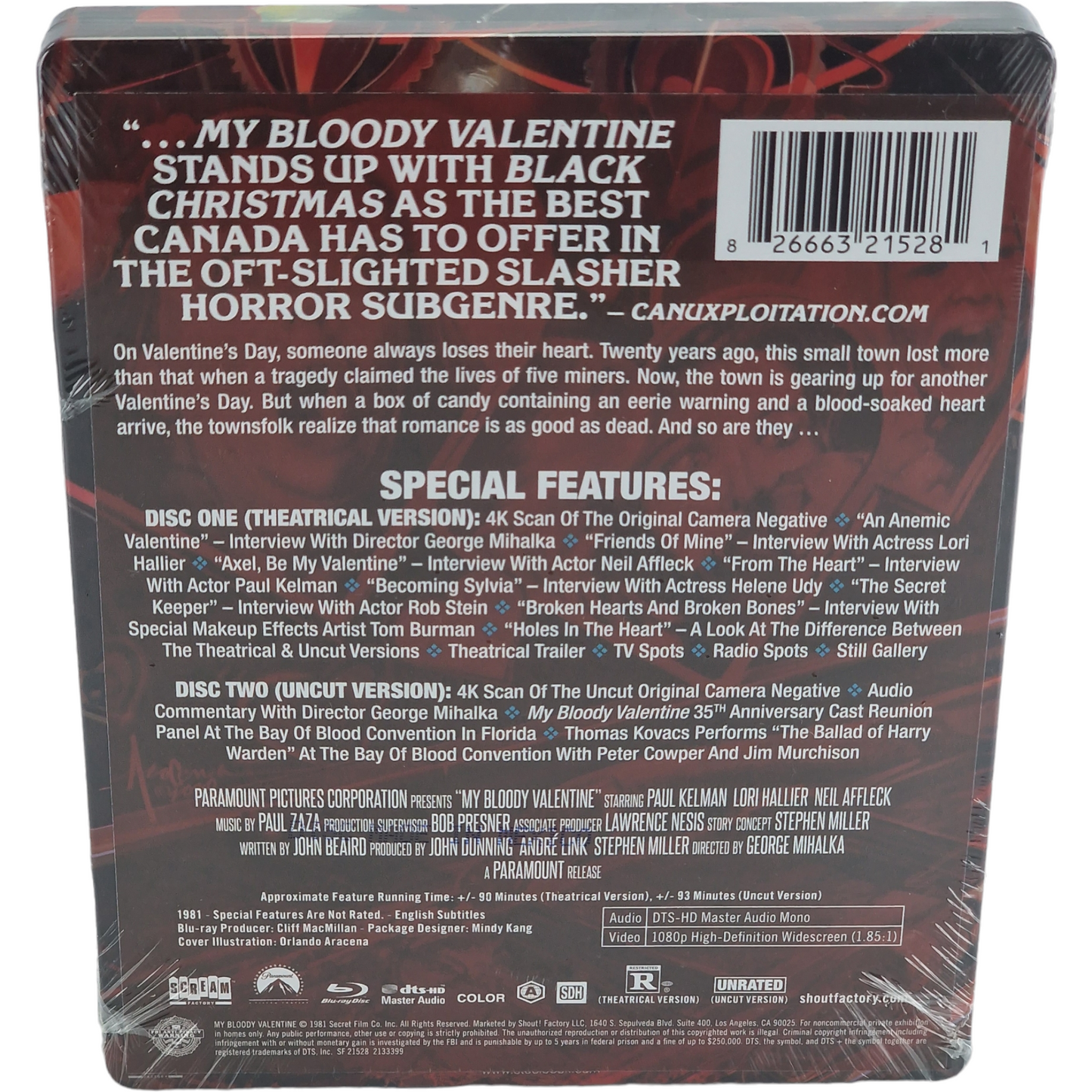My Bloody Valentine 1981 Remasterisé Blu-ray SteelBook 1 Film,2 coupes Zone A