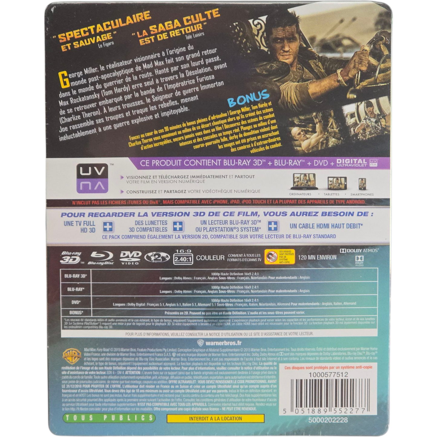 Mad Max: Fury Road SteelBook 3D + Blu-ray + DVD Limitée 2015 Fnac Zone Libre