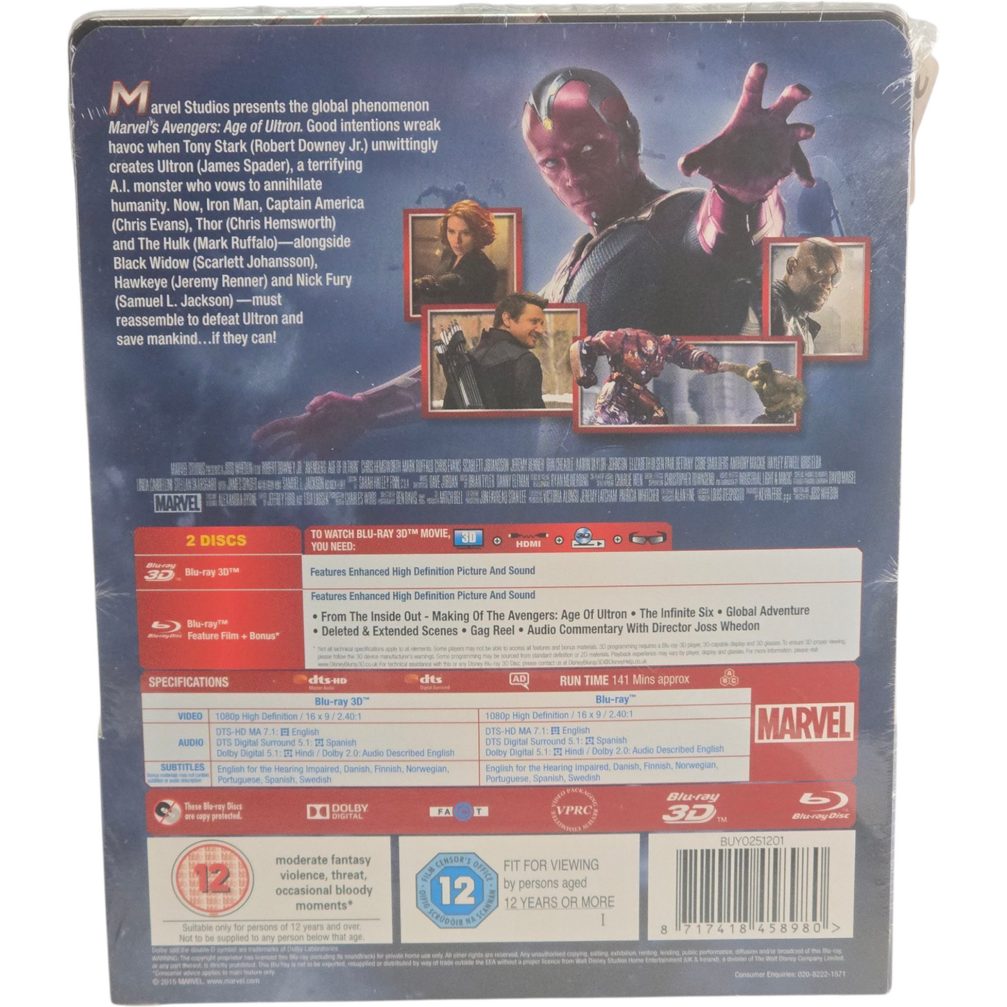 Avengers:Age of Ultron Blu-ray 3D + 2D Steelbook Zavvi Limitée 2015 Région Libre