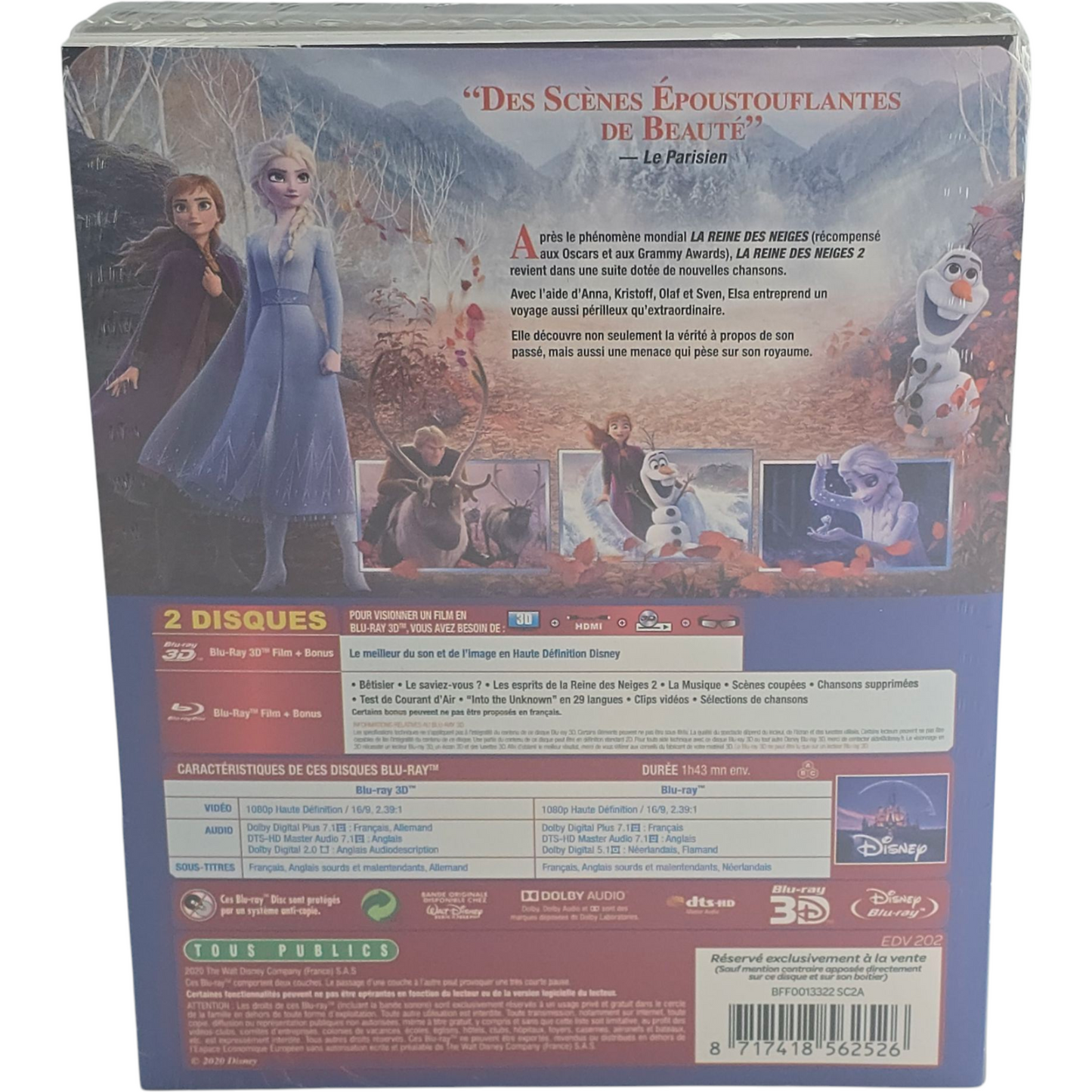 La Reine des Neiges 1 + 2 Blu-ray 3D + Blu-ray SteelBook Disney Limitée Fnac B