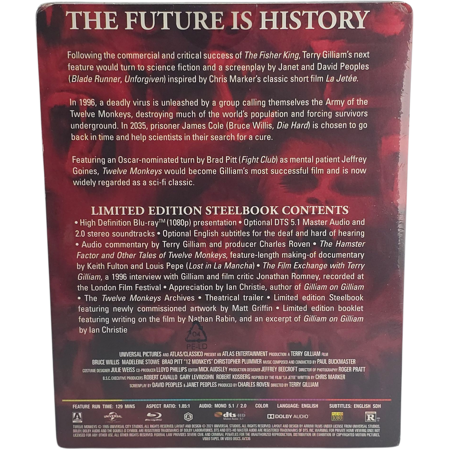 12 Monkeys Blu-ray Steelbook 1995 Bruce Willis, Brad Pitt Arrow 2021 Zone A