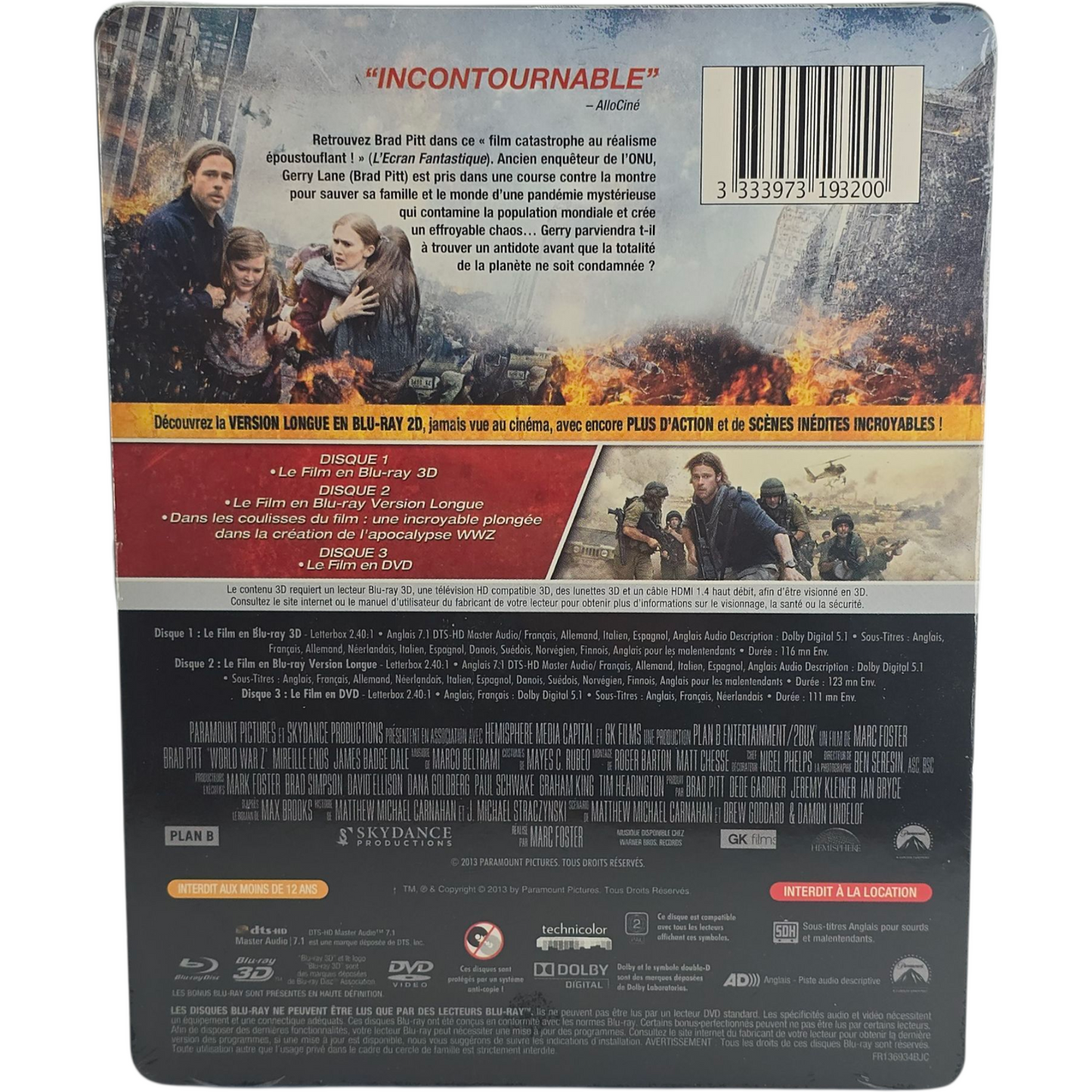 World War Z Blu-ray 3D +2D +DVD Steelbook embossé édit Limitée Brad Pitt Libre