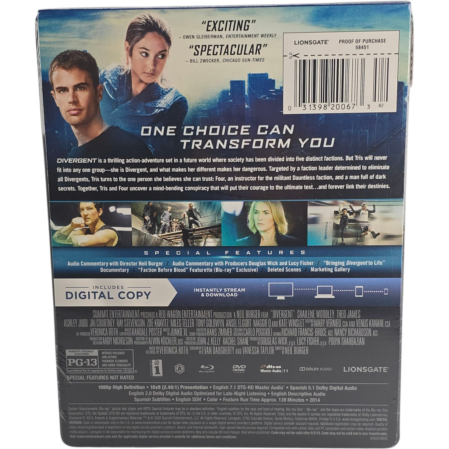 Divergent Blu-ray SteelBook Blu-ray + DVD + Digital HD Édt limitée 2014 Zone A