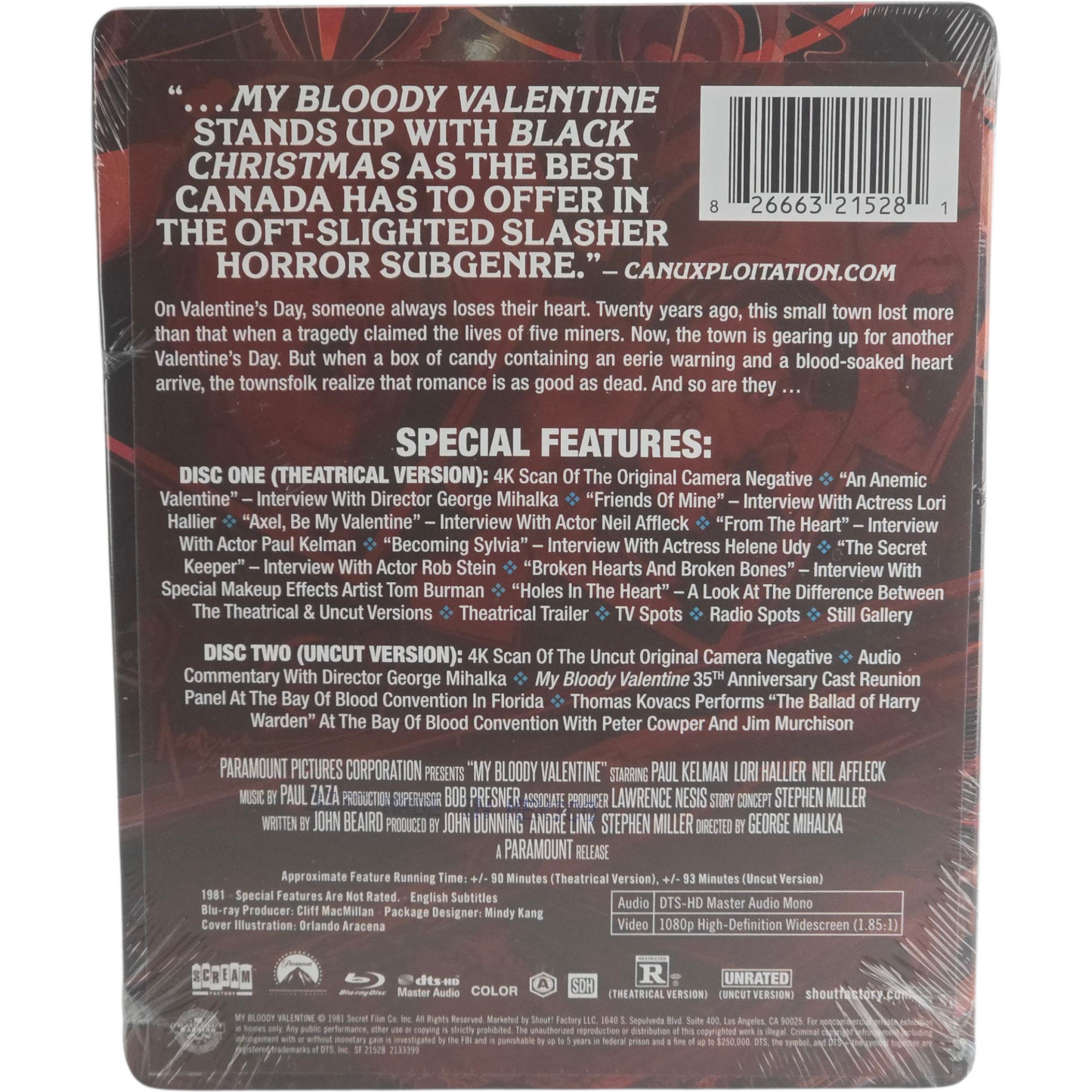 My Bloody Valentine 1981 Remasterisé Blu-ray SteelBook 1 Film,2 coupes Zone A