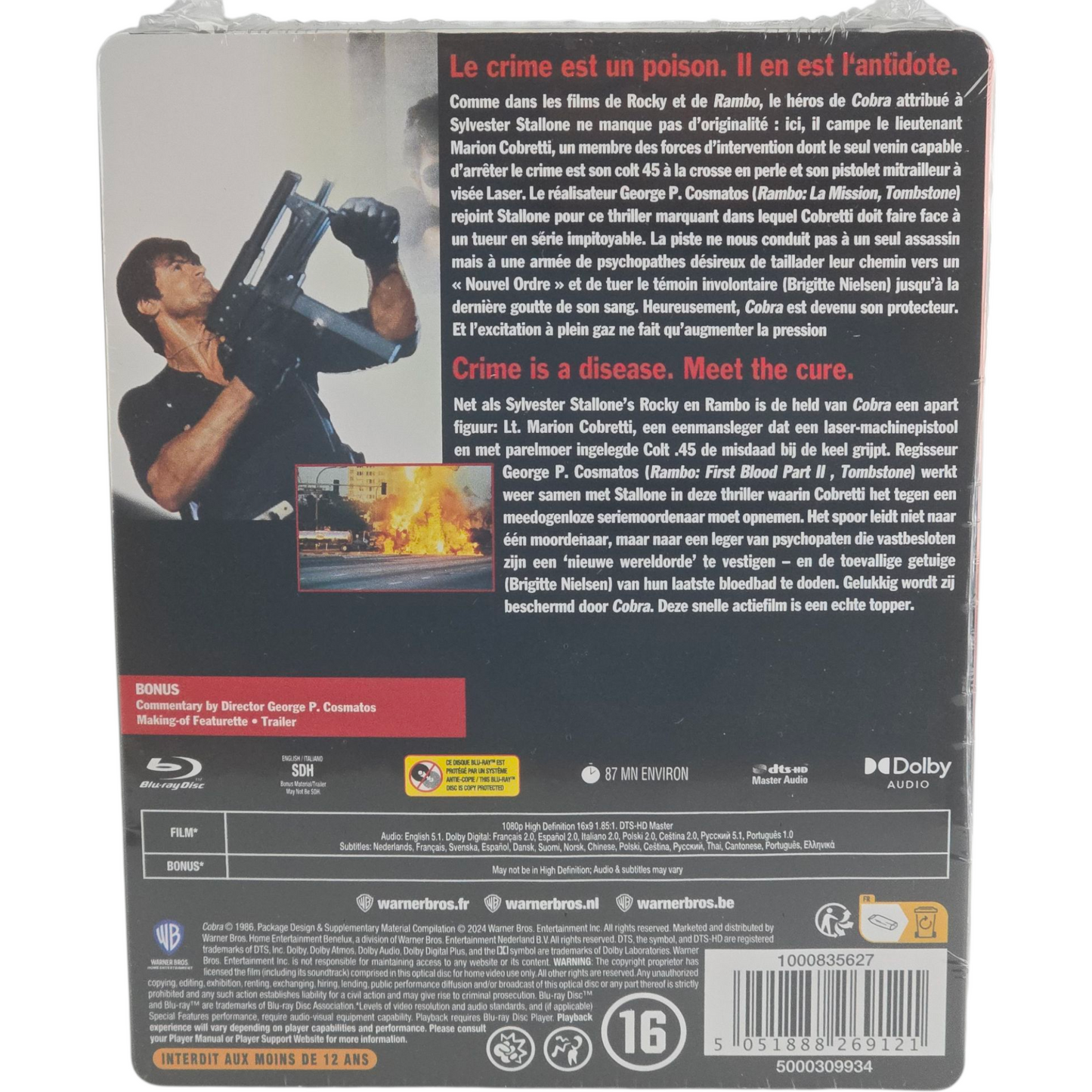 Cobra Blu-ray 1986 SteelBook Sylvester Stallone, Brigitte Nielsen Édition limitée Zone B
