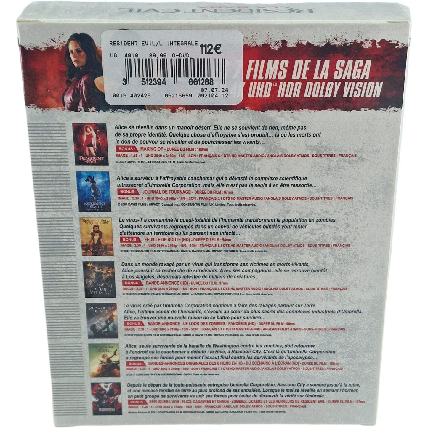Resident Evil : L'intégrale 4K Blu-ray 7 Films Richard Harris 2022 Libre