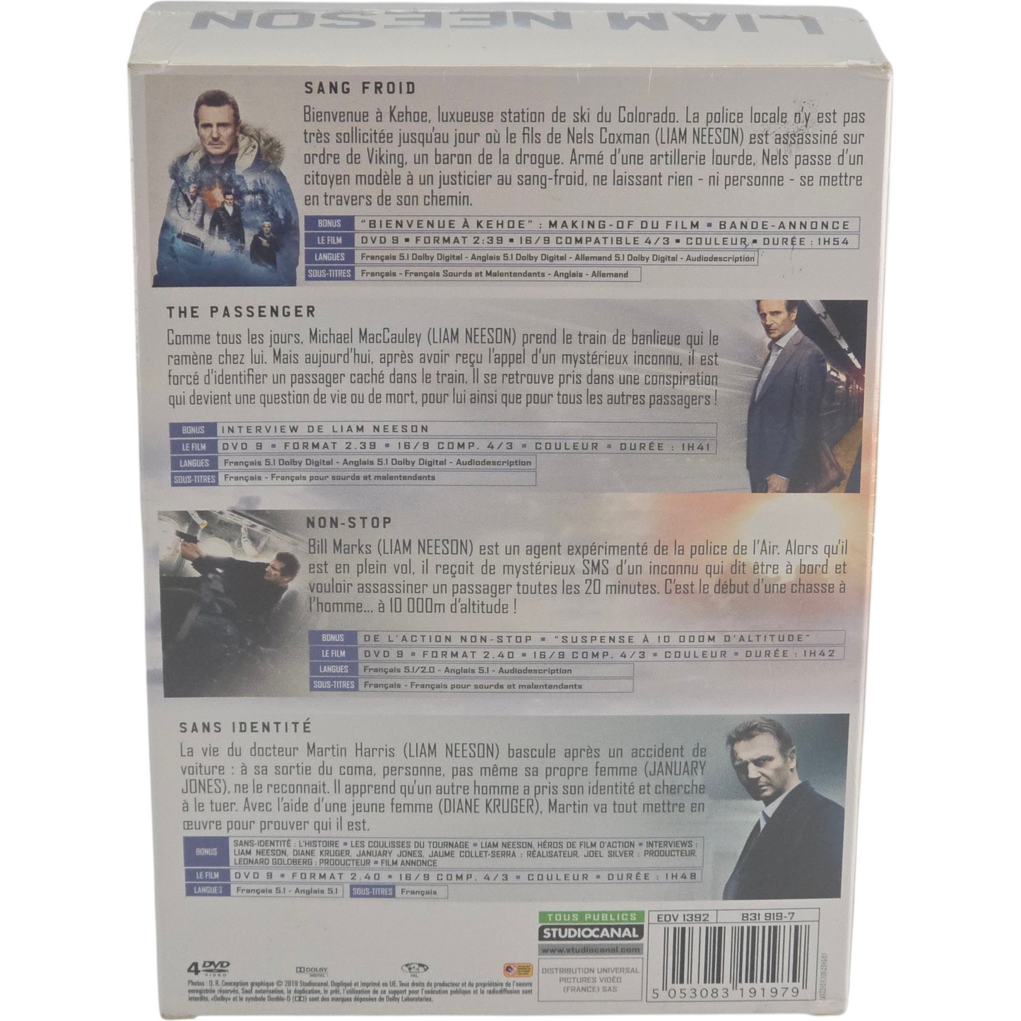 Liam Neeson-Coffret  DVD- Sang Froid + The Passenger + Non-Stop + sans identité Zone B