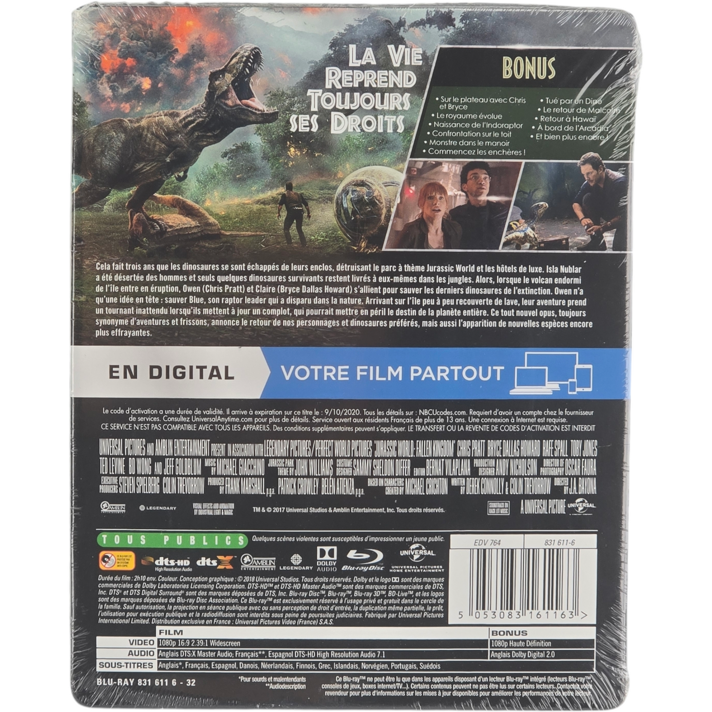 Jurassic World: Fallen Kingdom SteelBook Blu-ray Chris Pratt J.A. Bayona 2018 B