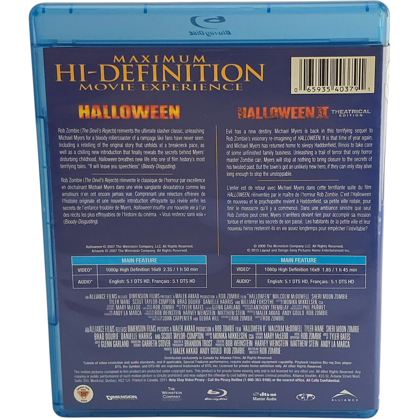 Halloween+Halloween II Blu-ray Double Feature  Zone A -18 Canada Import