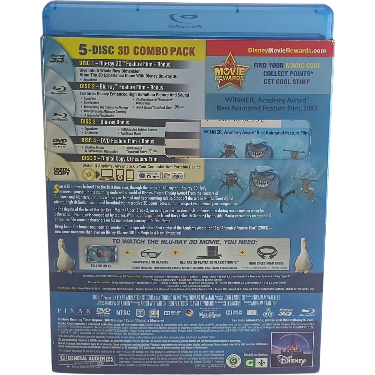 Finding Nemo 5 Disques Collector's Disney Blu-ray 3D +2D + DVD Zone 1 Canada