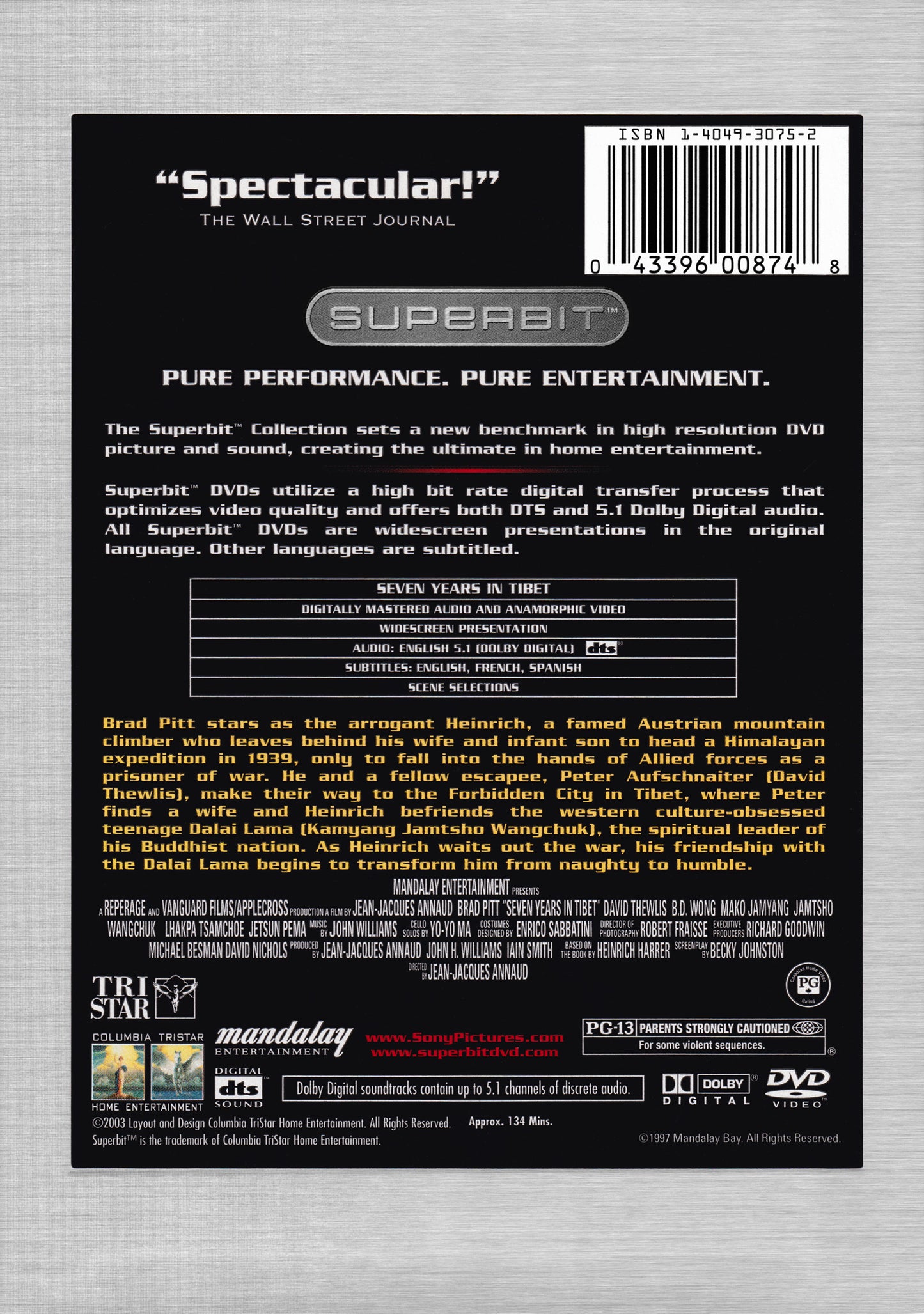 Sept ans au Tibet  DVD DigiPack Brad Pitt Superbit  Édition Collector US Région 1  VO STFR