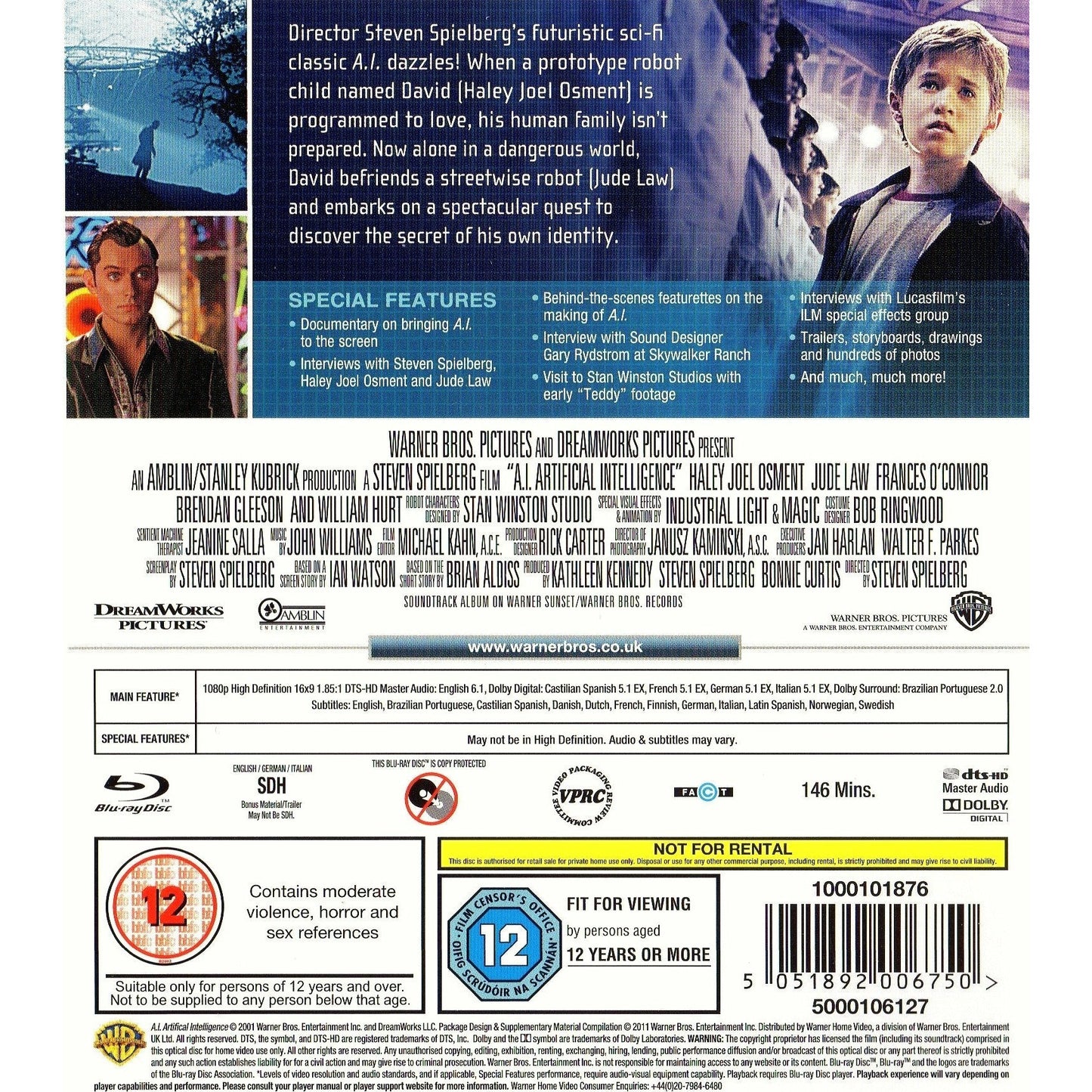 A.I.Intelligence Artificielle Blu-ray Steven Spielberg Jude Law région B