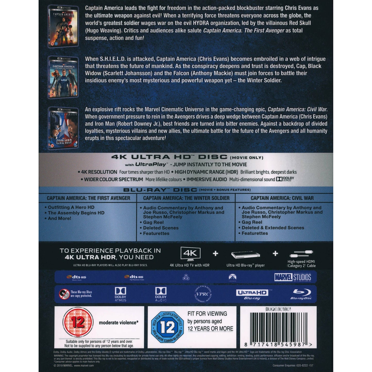 Captain America 4K Blu-ray : Collection de 3 films ,VF Sans région