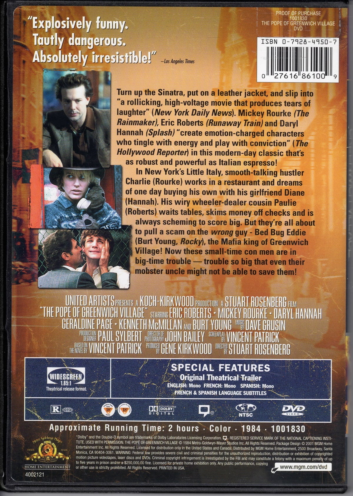 Le Pape de Greenwich Village DVD  VF Region 1 Mickey Rourke Eric Roberts 2001