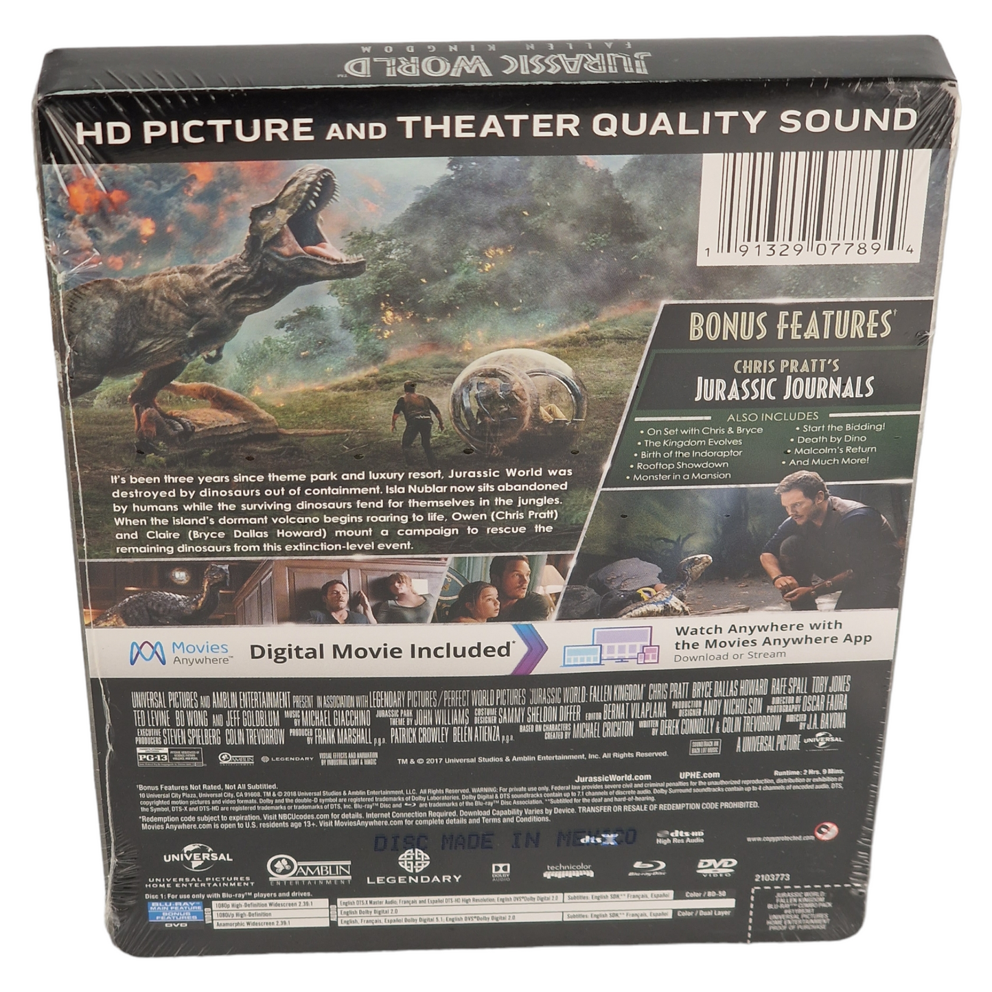 Jurassic World: Fallen Kingdom Blu-ray + DVD SteelBook Chris Pratt 2018 A