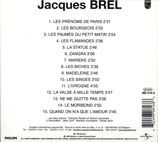 Jacques Brel – Enregistrement Public A L'Olympia 1961 CD , Album