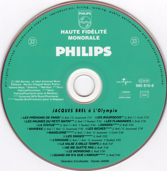 Jacques Brel – Enregistrement Public A L'Olympia 1961 CD , Album