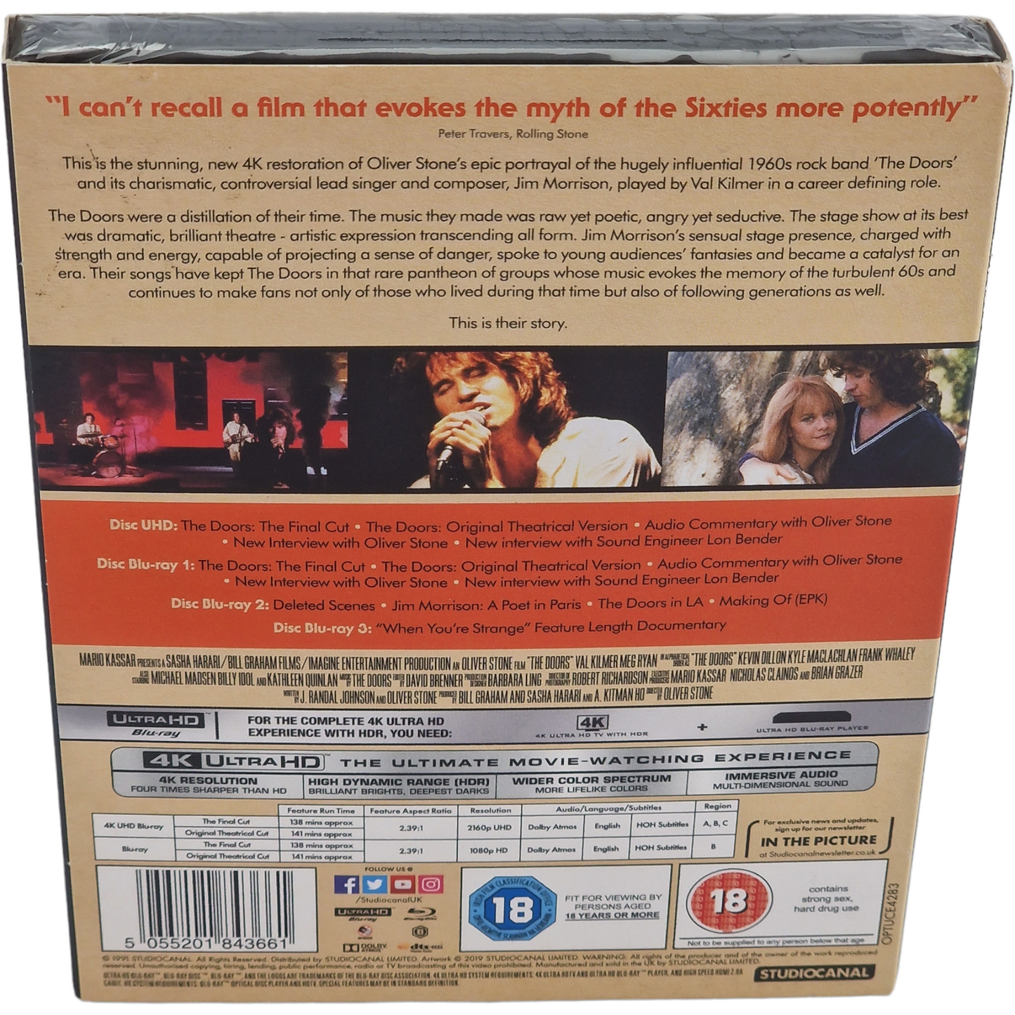 The Doors 1991 Oliver Stone 4K Ultra HD + Blu-ray 4 Disques Val Kilmer  B [-18]