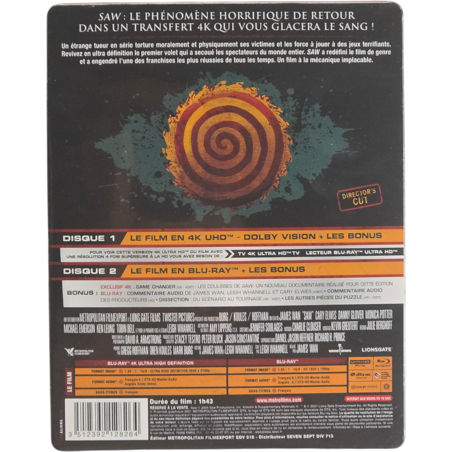 Saw Steelbook 2004 Blu-ray 4K Ultra HD + Blu-ray Leigh Whannell 2021 Zone B