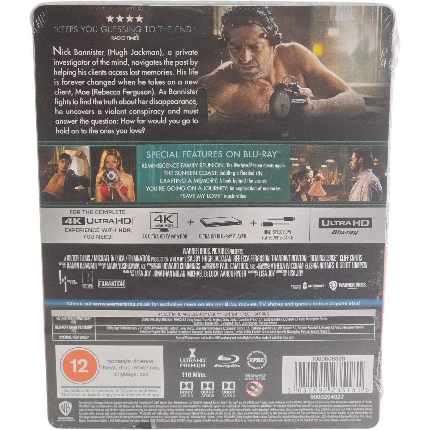 Reminiscence 4K Ultra HD +Blu-ray SteelBook HMV Limitée Hugh Jackman 2021 Zone B
