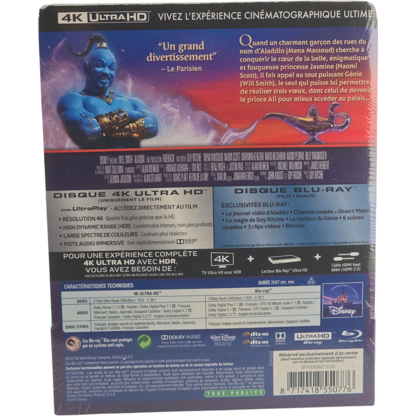 Aladdin 4K Ultra HD Blu-ray + Blu-ray SteelBook Débossé Fnac Disney Zone Libre