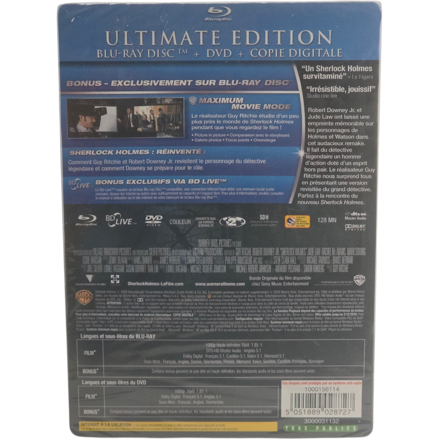 Sherlock Holmes Blu-ray + DVD SteelBook édition Ultime Guy Ritchie 2010 Zone B