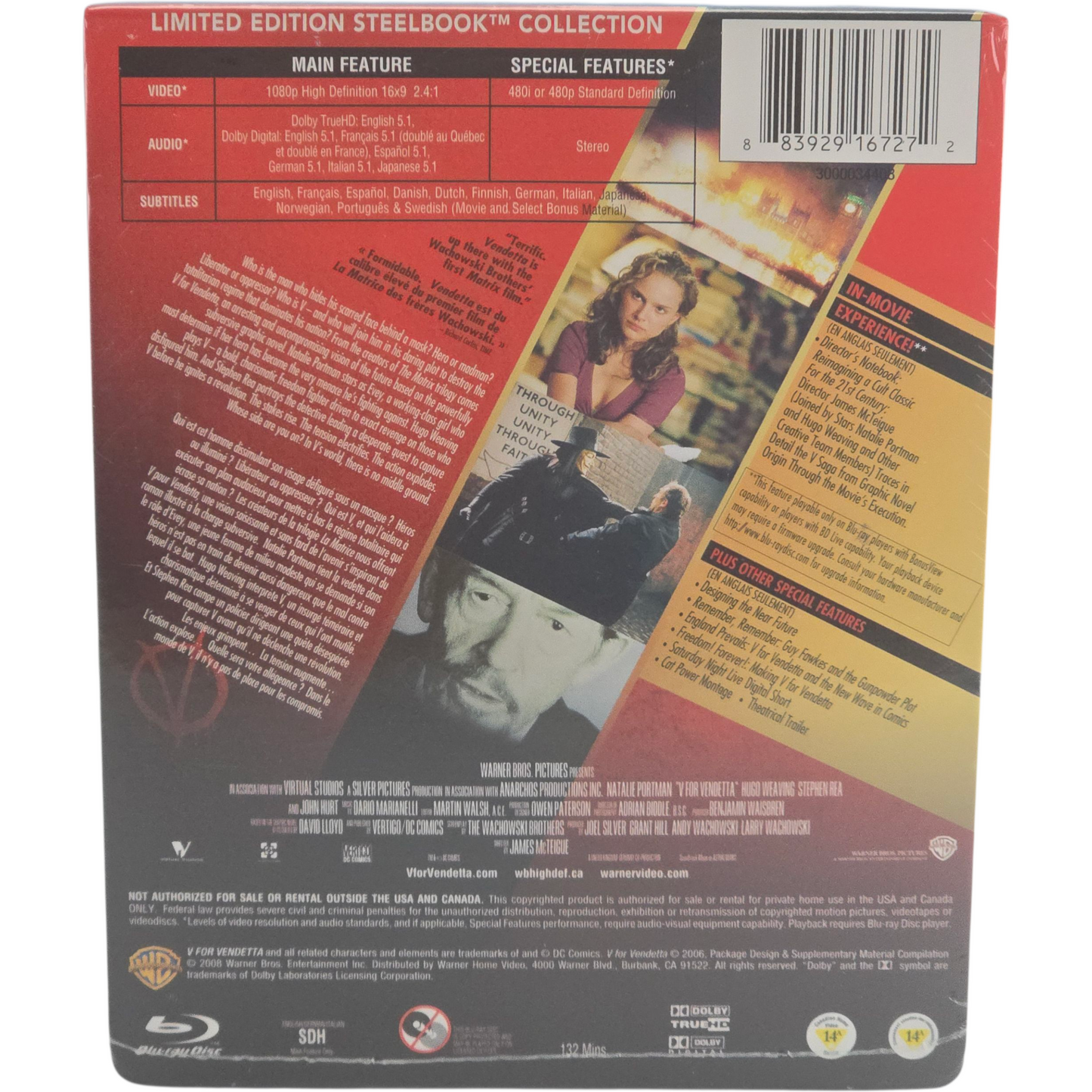 V for Vendetta Blu-ray SteelBook Édition Limitée Natalie Portman Zone Libre[-18]