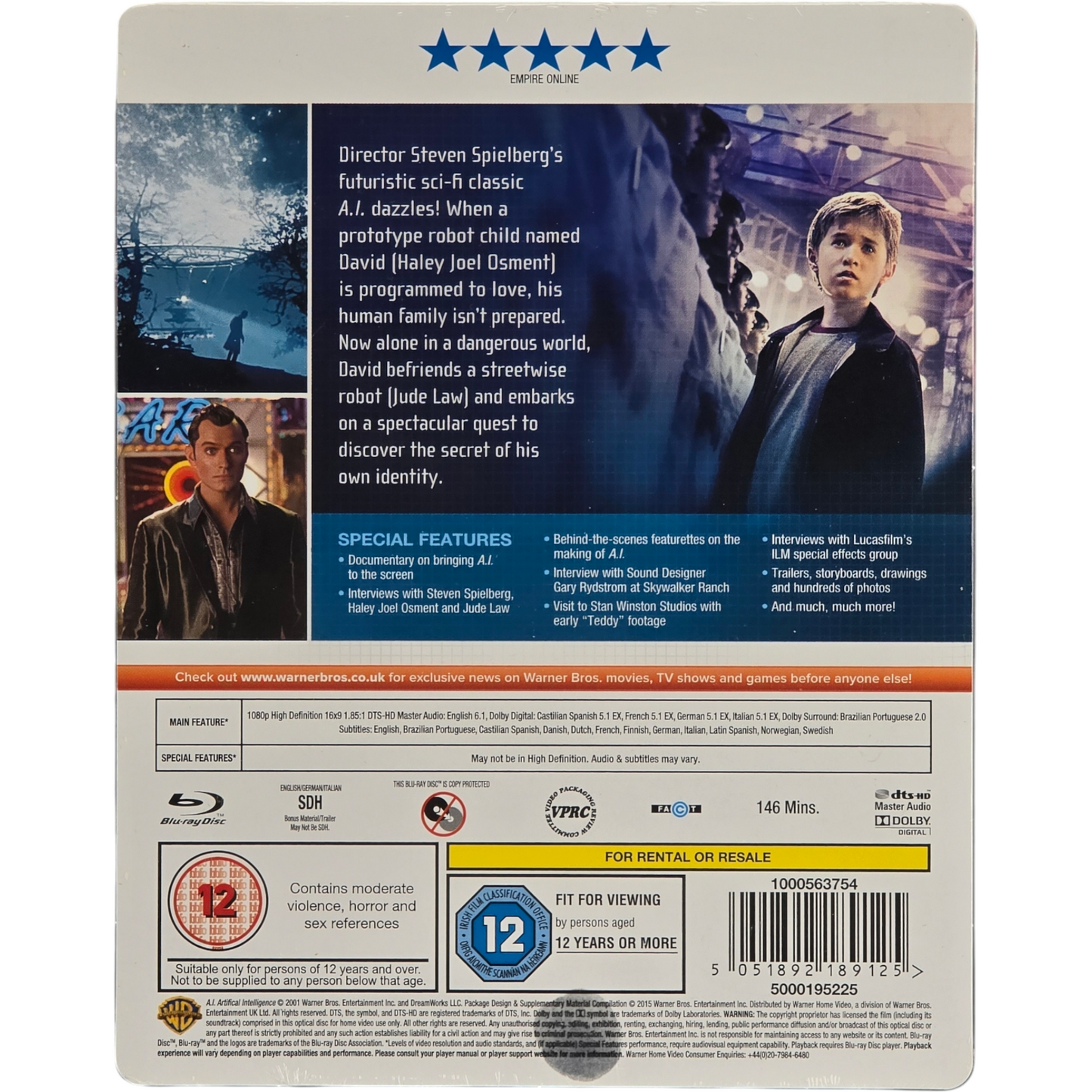 A.I. Artificial Intelligence SteelBook Débossé Zavvi Ltd 2500 Ex Spielberg B ,A