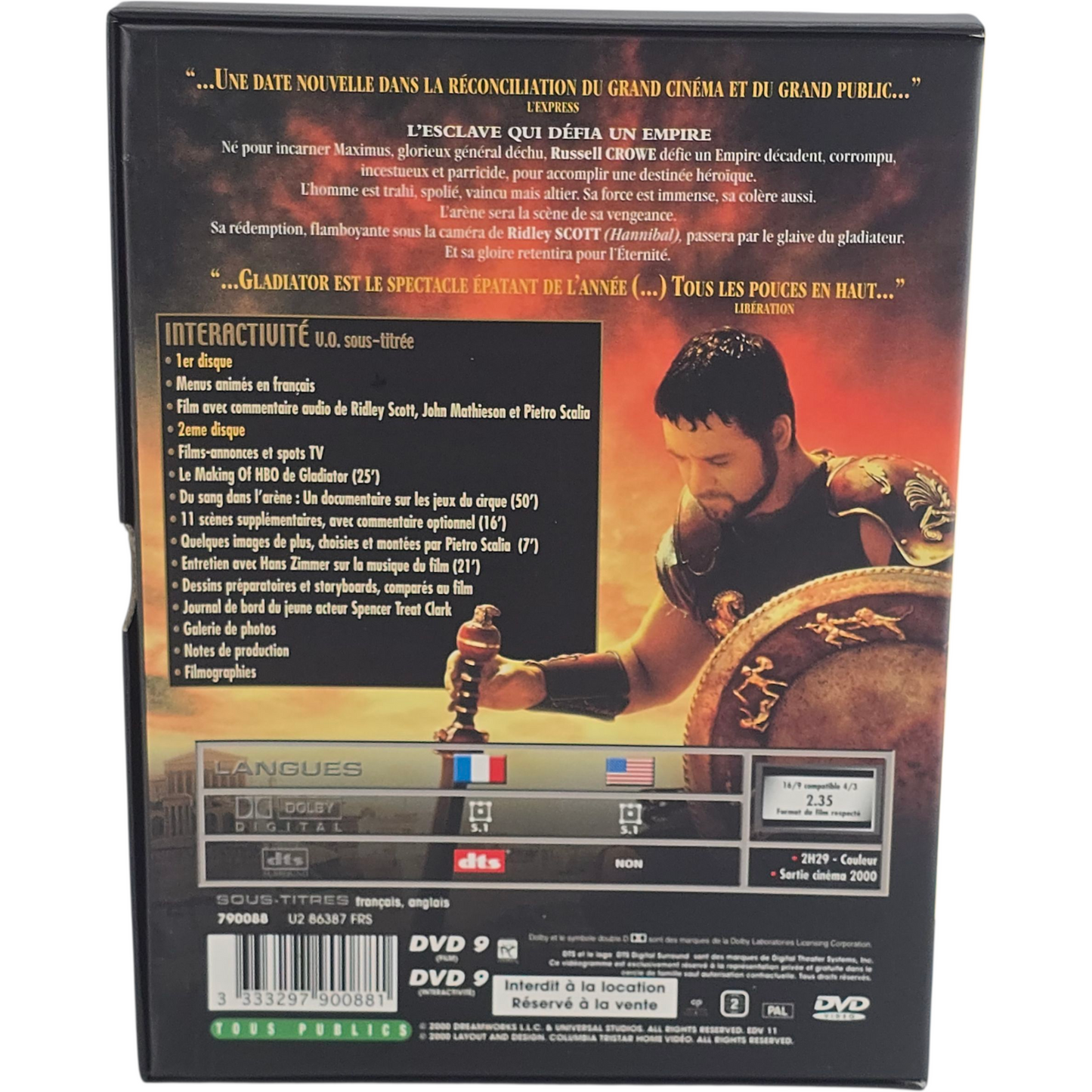 Gladiator DVD Édition Collector Ridley Scott Director's Cut Zone 2