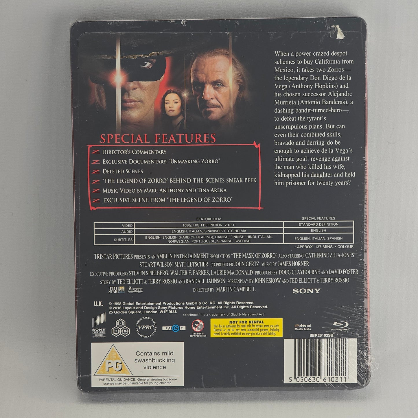 The Mask of Zorro SteelBook Débossé Blu-ray Zavvi Banderas,Anthony Hopkins Libre