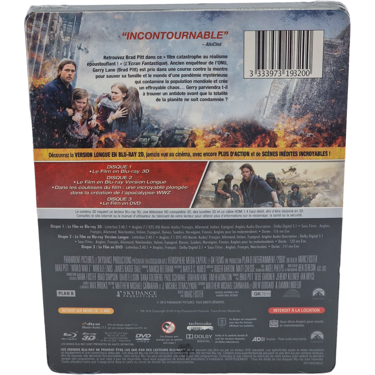 World War Z Blu-ray 3D +2D +DVD Steelbook embossé édit Limitée Brad Pitt Libre