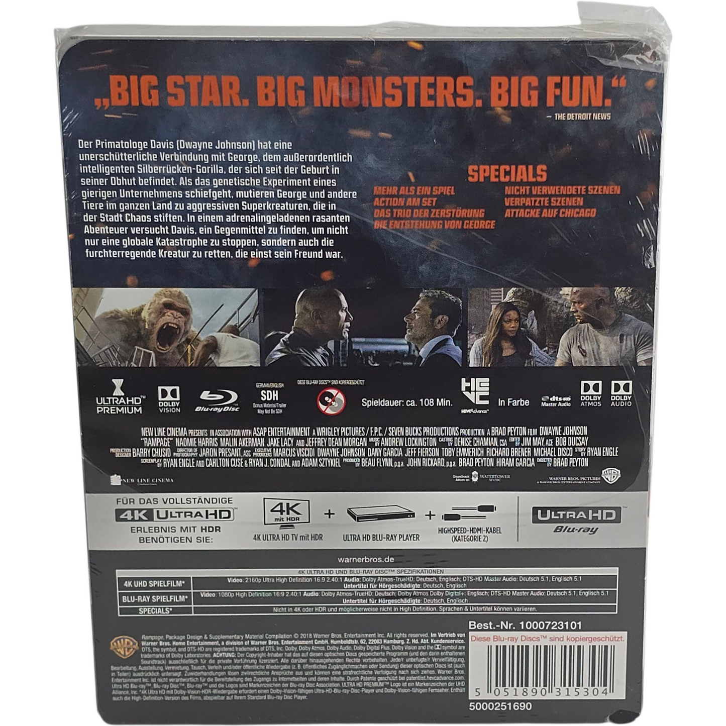 Rampage Steelbook 4K Ultra HD + Blu-ray  Dwayne Johnson Zone B