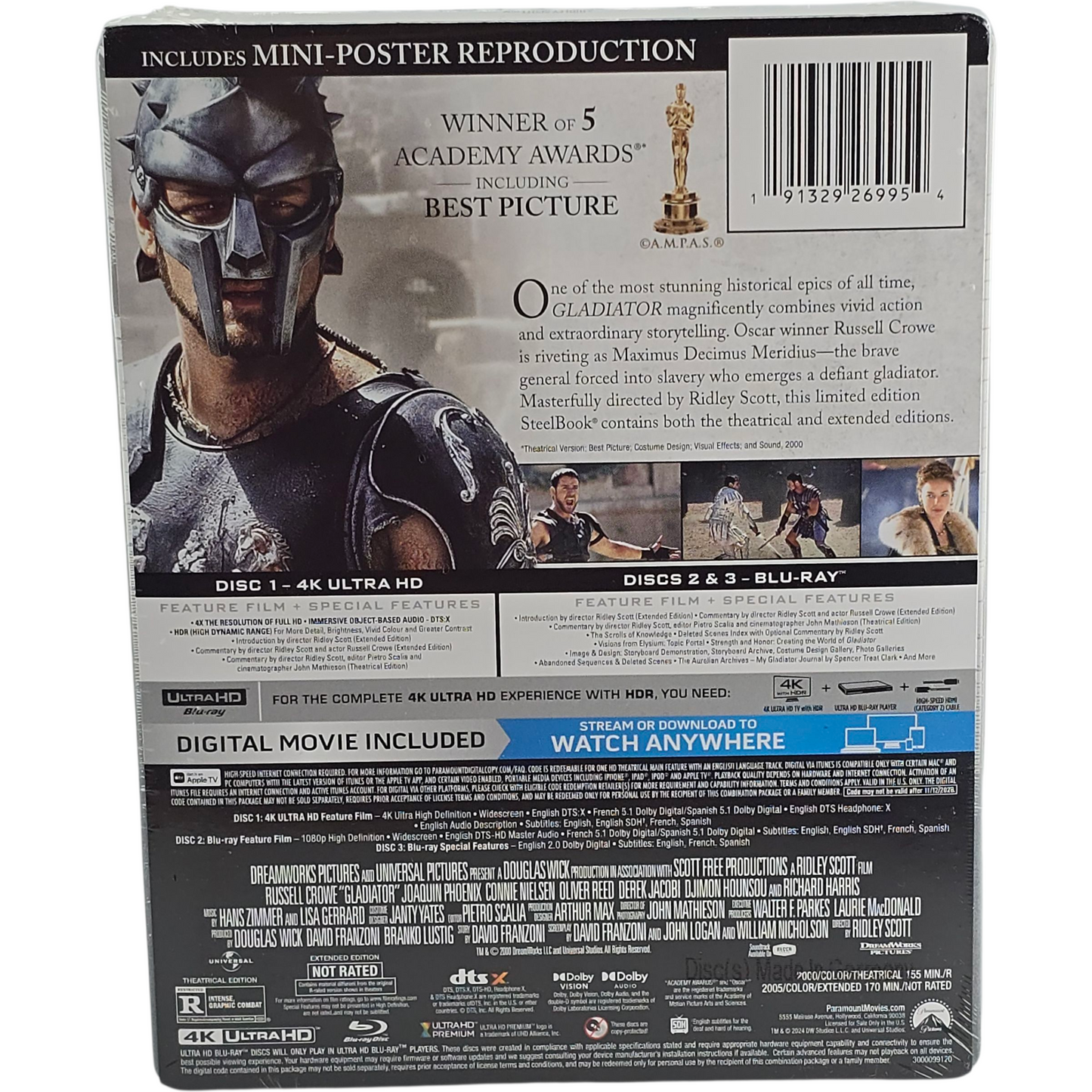 Gladiator SteelBook 4K Ultra HD + Blu-ray Russell Crowe Dolby Atmos Zone A USA