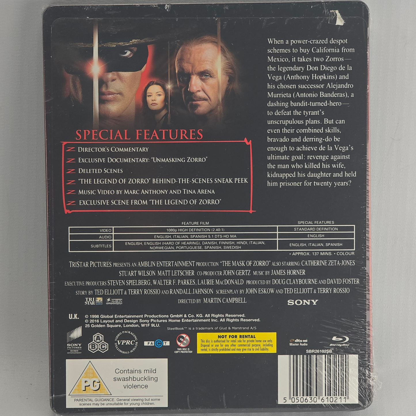 The Mask of Zorro SteelBook Débossé Blu-ray Zavvi Banderas,Anthony Hopkins Libre