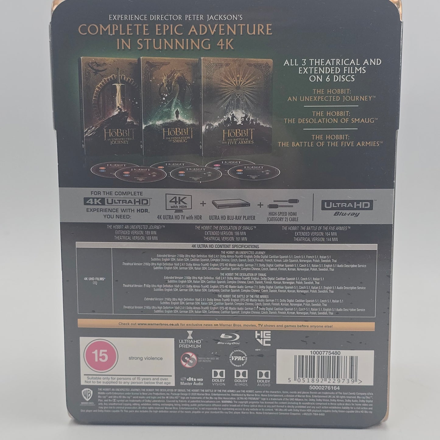 The Hobbit: The Motion Picture Trilogy : Steelbook 4K Ultra HD   Extended B