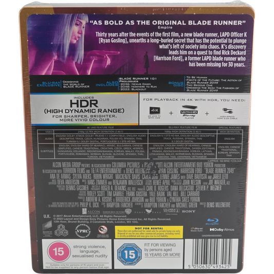 Blade Runner 2049 SteelBook 4K Ultra HD + Blu-ray UK Disque Bonus Harrison Ford