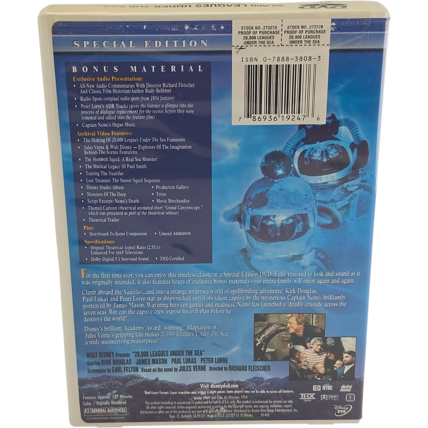 20,000 Leagues Under the Sea DVD Disney Kirk Douglas Zone 1 US Import