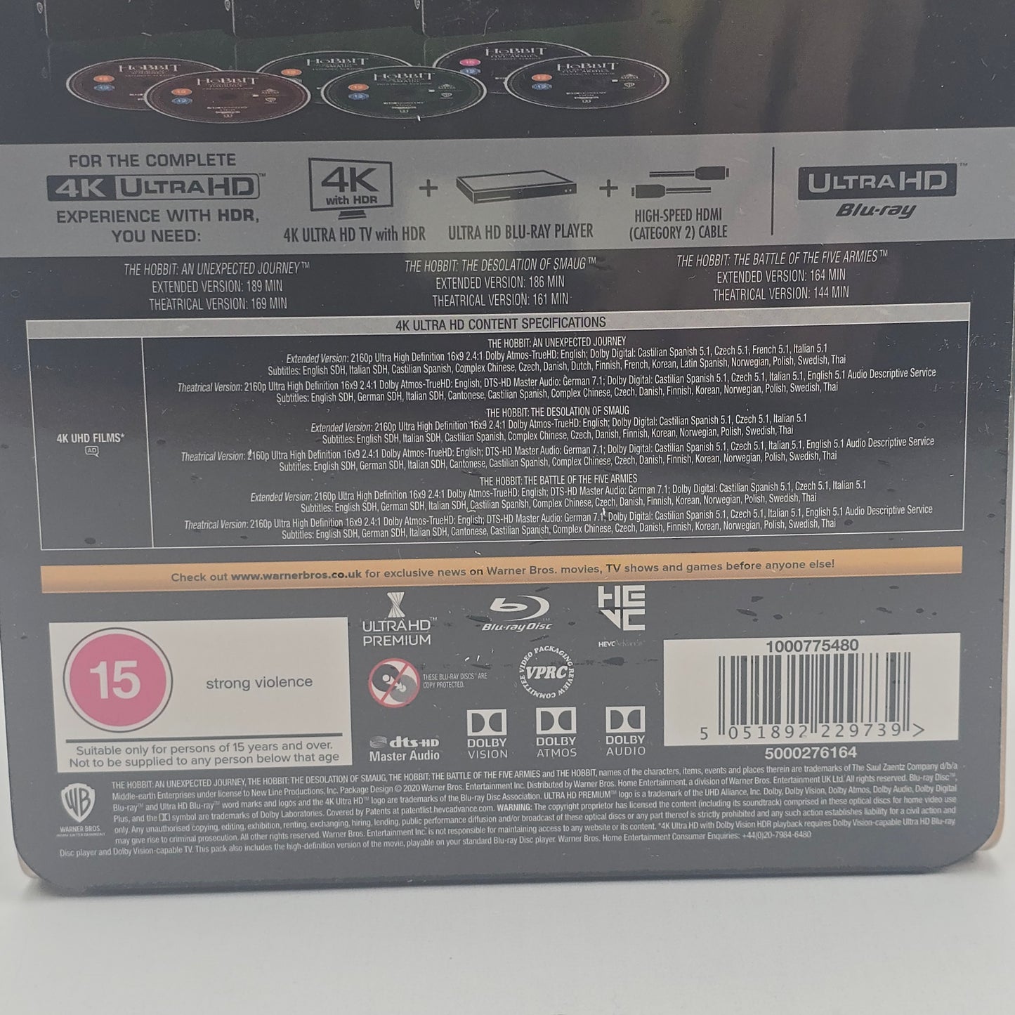 The Hobbit: The Motion Picture Trilogy : Steelbook 4K Ultra HD   Extended B
