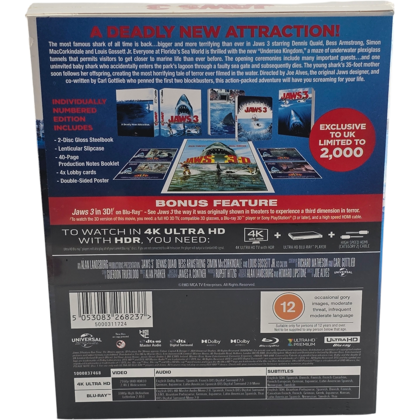 Jaws 3 SteelBook Collector 4K Ultra HD + Blu-ray 3D + 2D numérotée 2000 Ex Libre