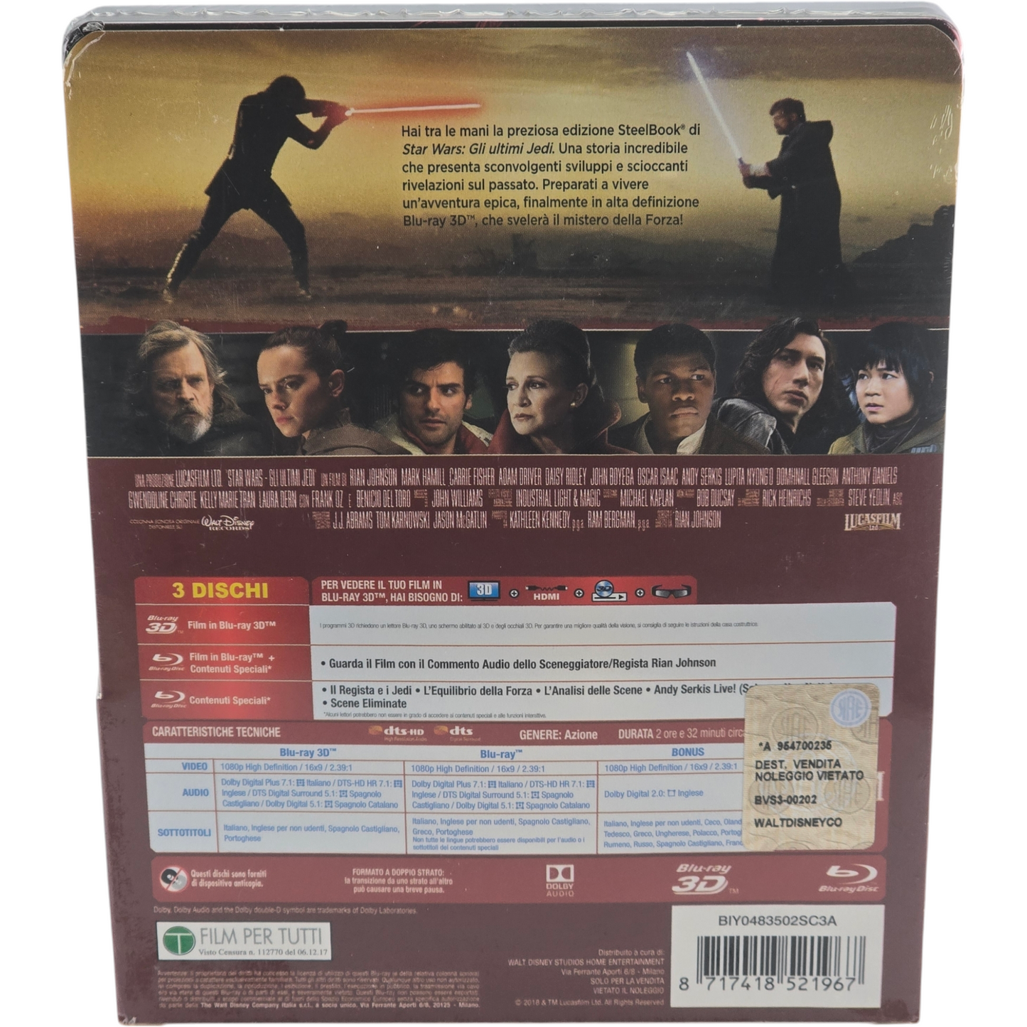 Star Wars: Episode VIII : The Last Jedi SteelBook Blu-ray 3D + Blu-ray Disney  B