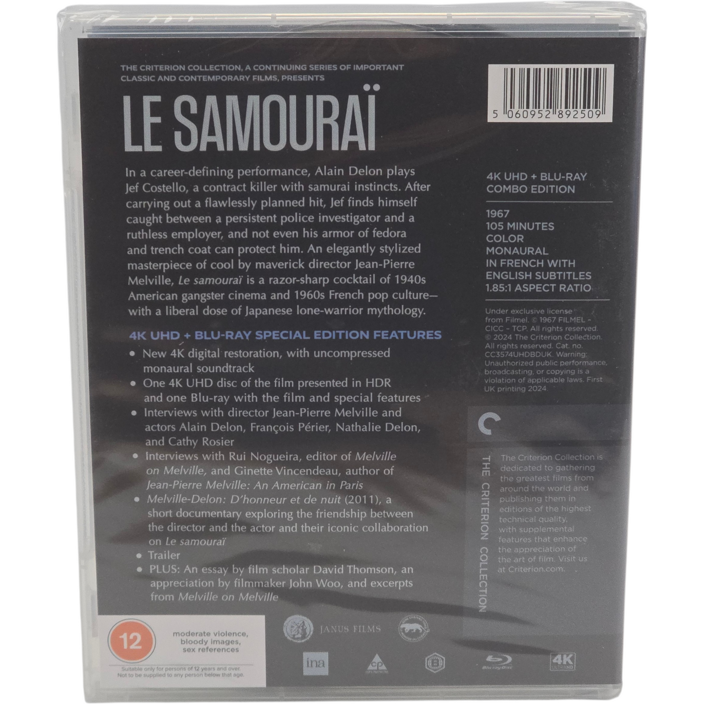 Le Samouraï 4K Ultra HD + Blu-ray Criterion Collection Alain Delon  Zone B