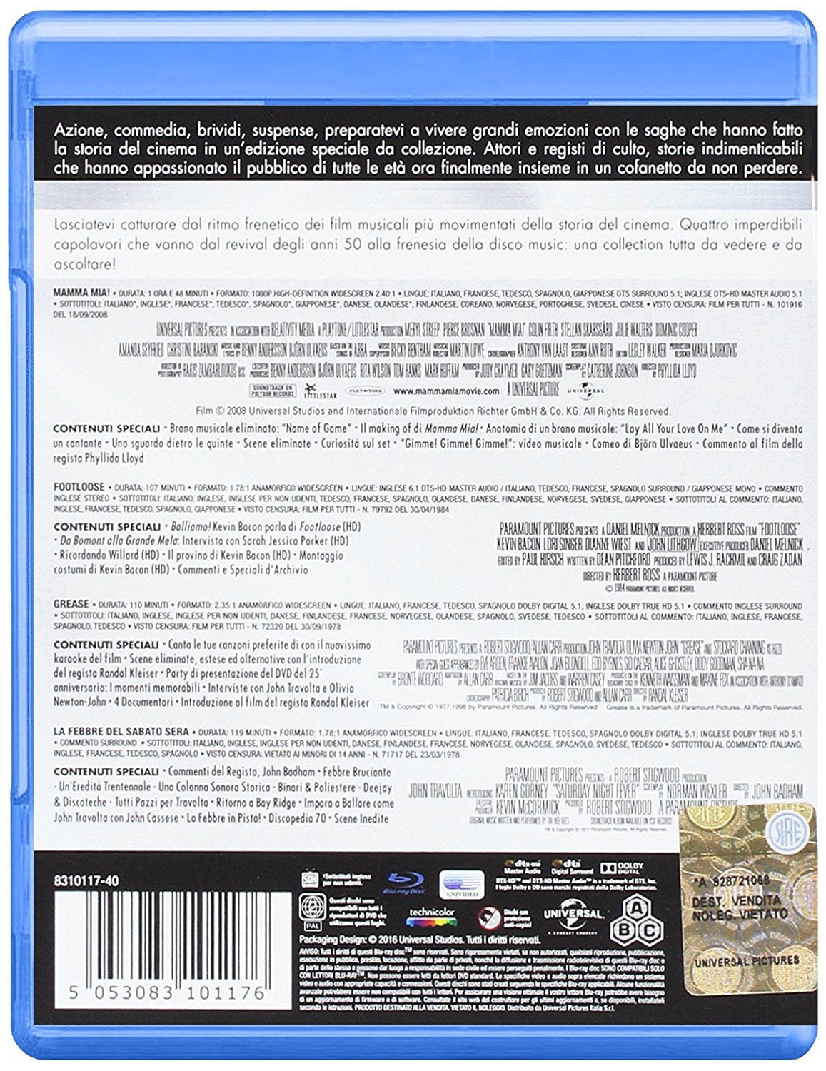 Music Movie Blu-ray 4 Films  Mamma Mia! – Footloose – Grease – La Fièvre du Samedi Soir VO