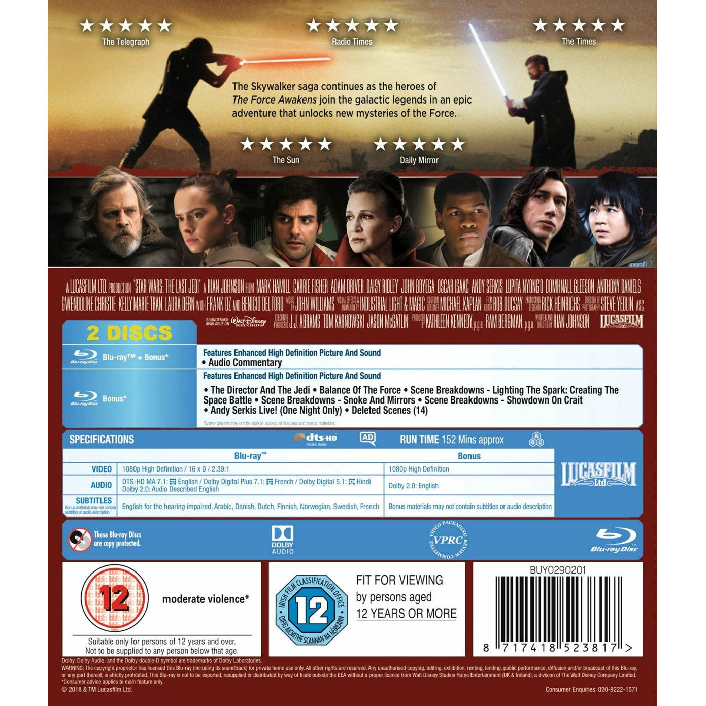 Star Wars: The Last (Jedi Episode VIII) Blu-ray Edition Sleeve région Libre