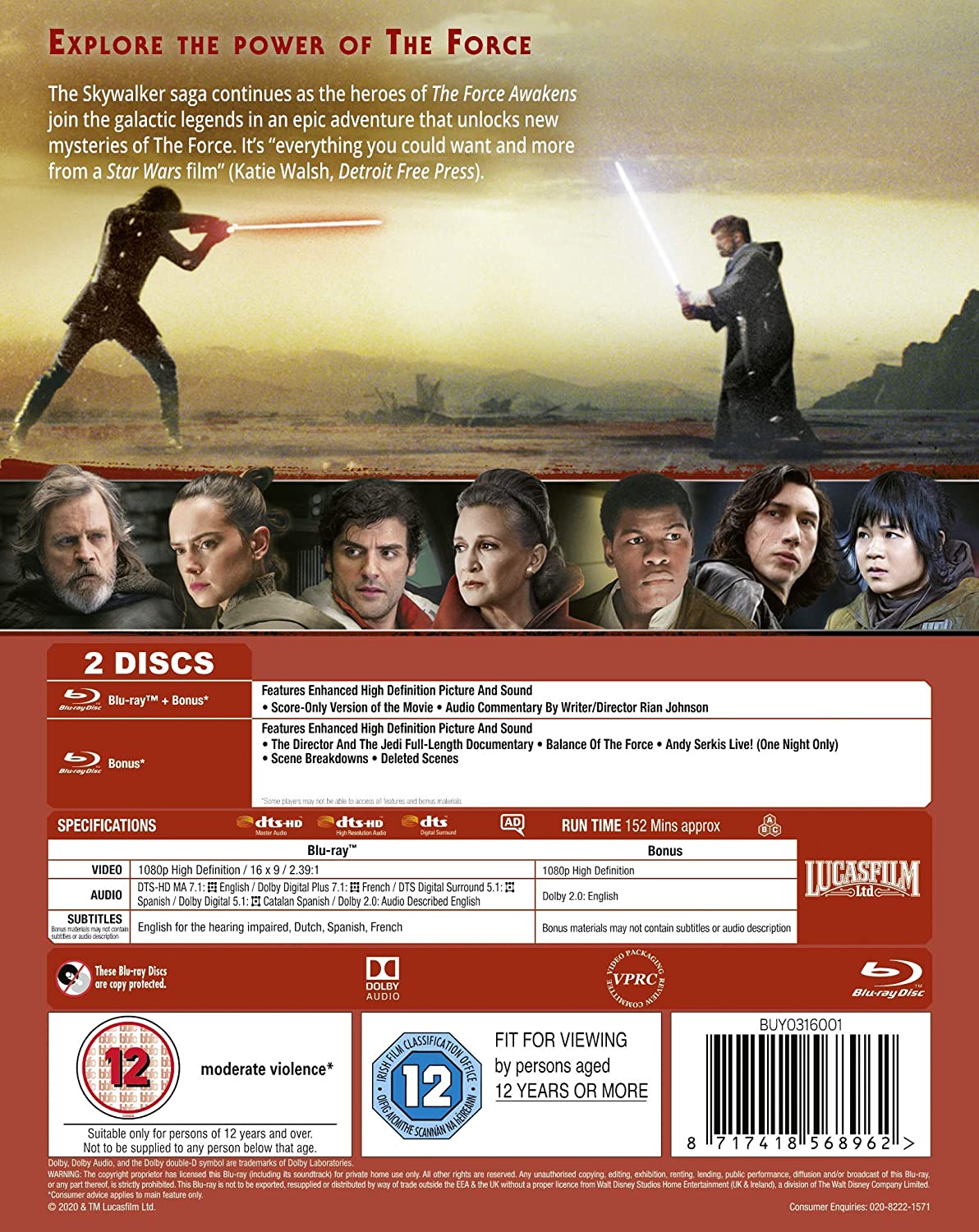 Star Wars Les Derniers Jedi  Blu-ray +étuit  [UK Import]  Version Française