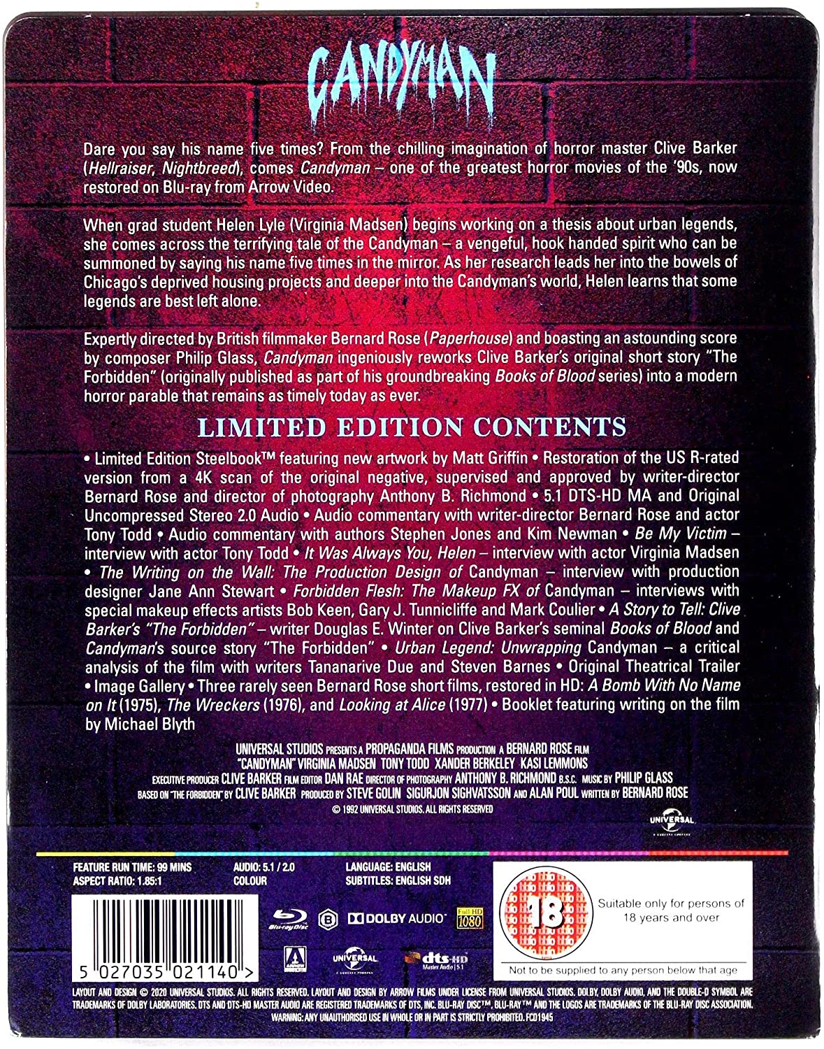 Candyman 1992  Virginia Madsen,Tony Todd Blu-ray  SteelBook Zavvi  Zone B [-18]