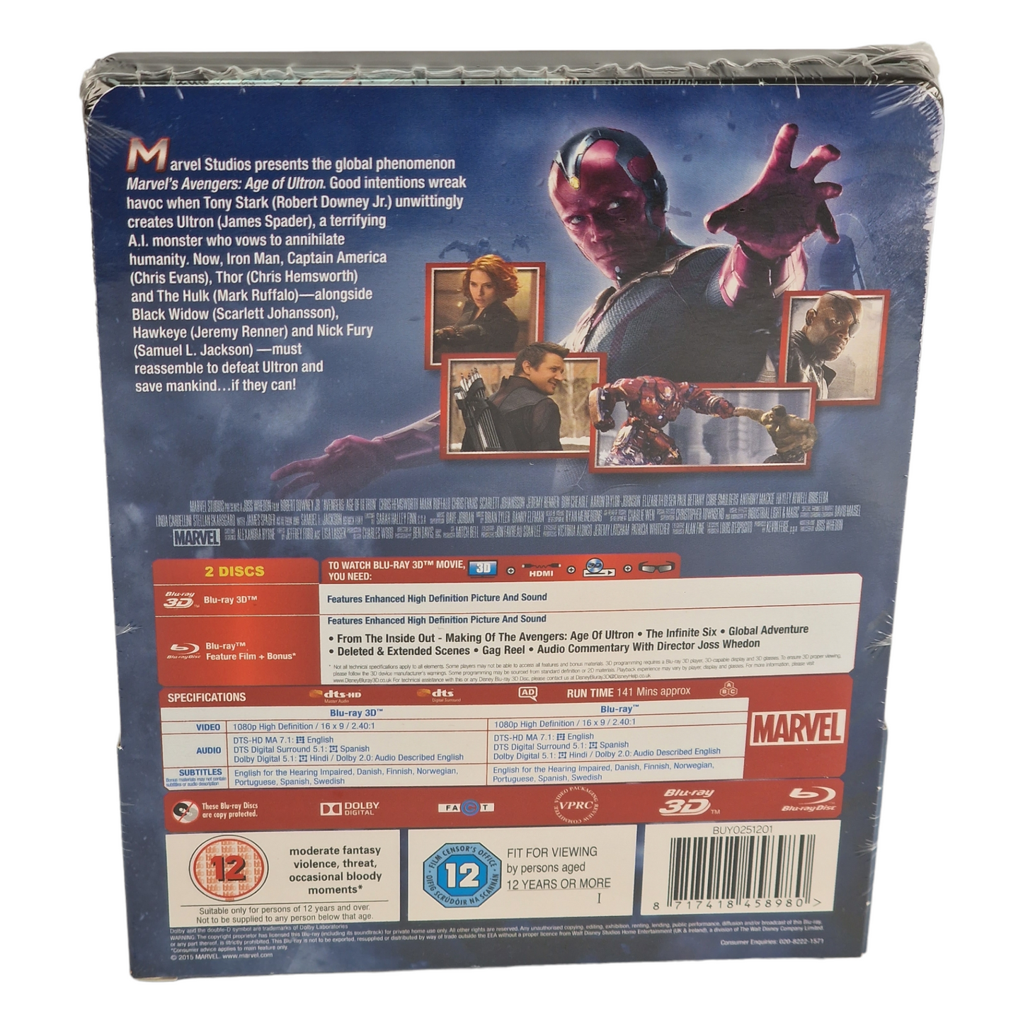 Avengers:Age of Ultron Blu-ray 3D + 2D Steelbook Zavvi Limitée 2015 Région Libre