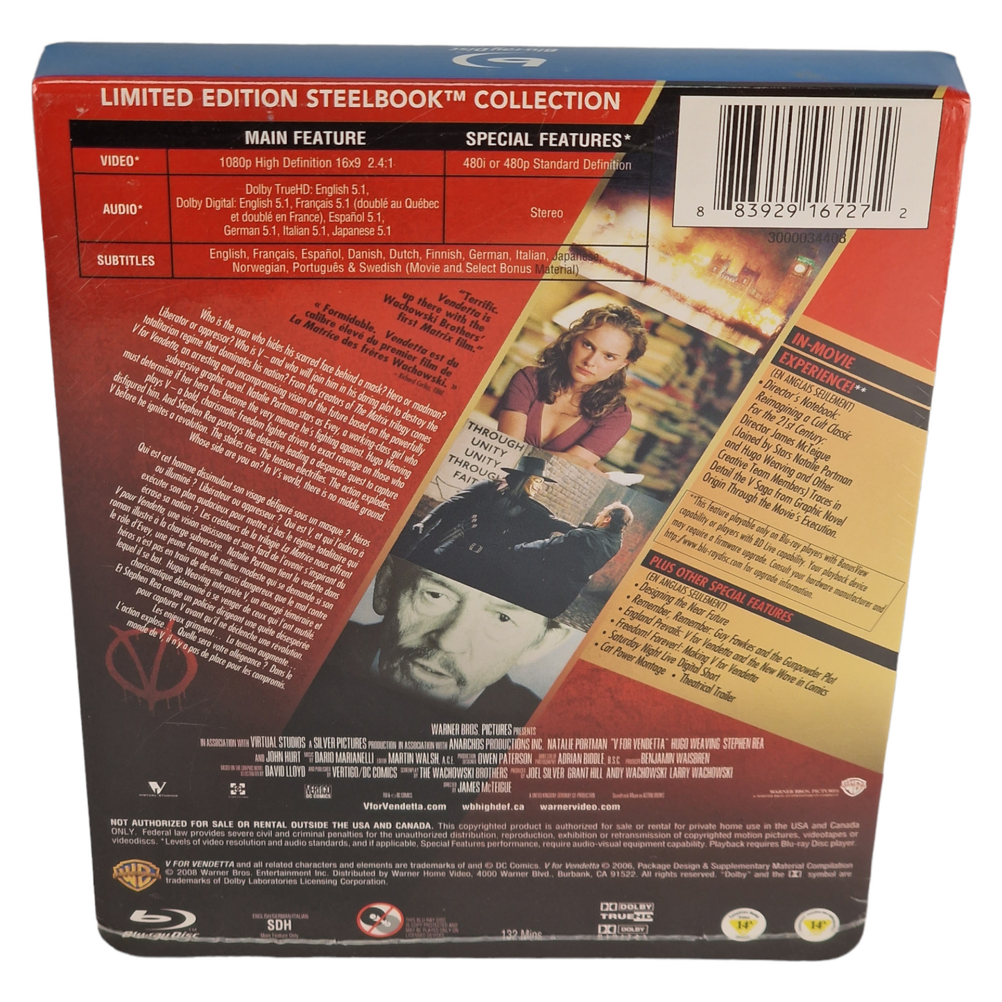 V for Vendetta Blu-ray SteelBook Édition Limitée Natalie Portman Zone Libre[-18]